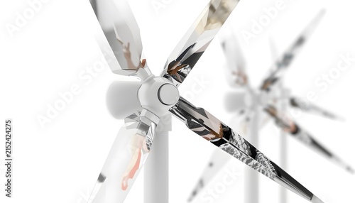 Minimalist crystal wind turbine blades reflecting abstract patterns against clean bright white background studio concept