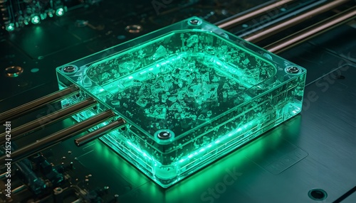 Transparent liquid cooling reservoir mounted above integrated circuit board emitting intense vibrant green neon light glow with resting dark electronic