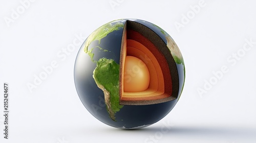 Earth globe cross section revealing its internal structure, including the crust, mantle, outer core, and inner core, representing geological composition and planetary science
