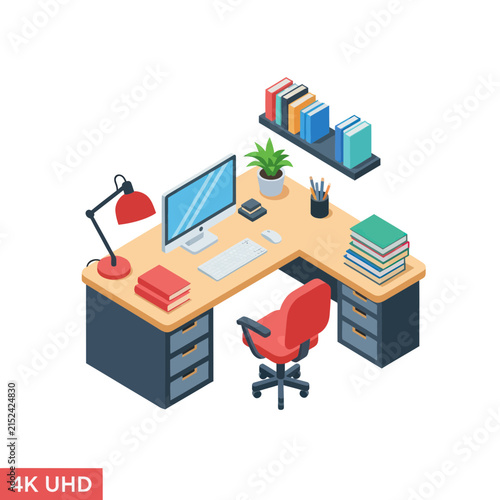 Modern office desk setup with computer and books.