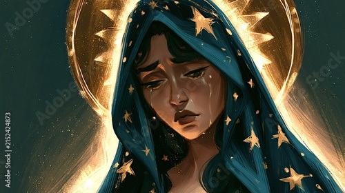 Virgin mary depicting profound sorrow and empathy, shedding tears while draped in a star studded blue veil, emanating a golden halo and divine glow in religious art