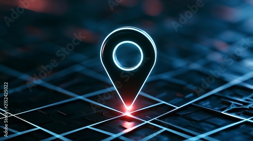 Illuminated location pin marking a precise destination on a dark, futuristic digital map, representing gps navigation, tracking, and pinpointing positions with advanced technology