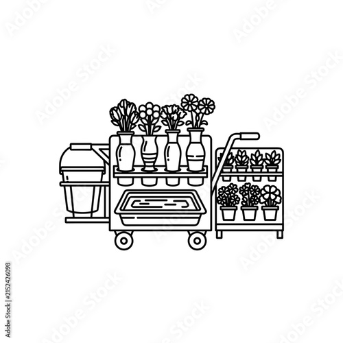 Flower cart with vases and plants illustration.