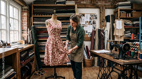A seamstress works on a vintage floral dress in a cozy workshop. The concept highlights retro fashion, craftsmanship, and creativity, ideal for fashion and lifestyle content. Generative AI.