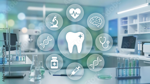 Digital dental health icons in futuristic medical office with holographic tooth display