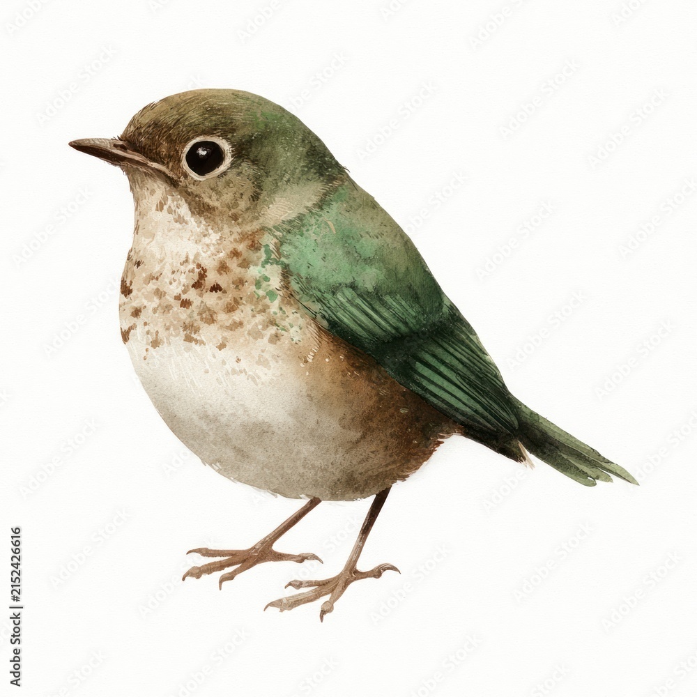 Obraz premium Watercolor bird illustration with green and brown feathers.