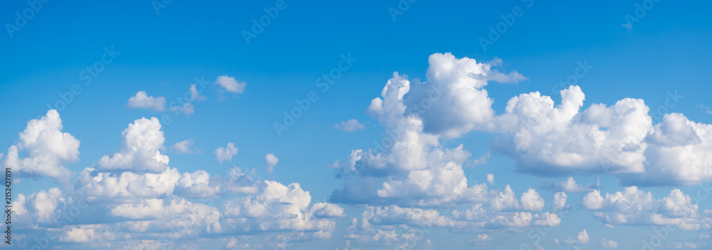 Fototapeta premium Wide panorama heaven blue sky with many white clouds. Sky blue background for internet website banner page template