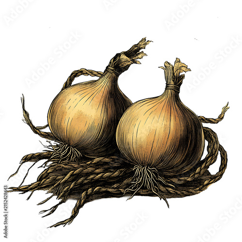 Vintage clipart of two golden onions with papery skins and dried stems. Antique botanical style for harvest, autumn, farm produce, food packaging and rustic kitchen designs.