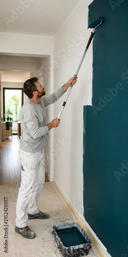 Un hombre pinta una pared de color azul en una casa moderna