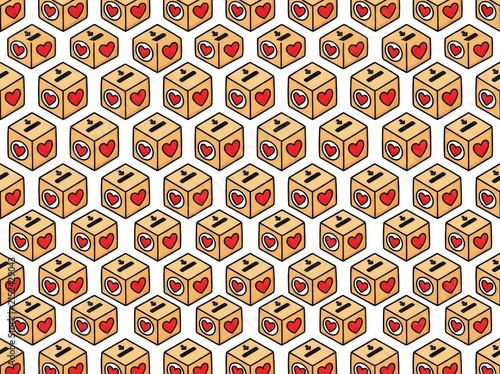Seamless pattern with isometric donation boxes with hearts