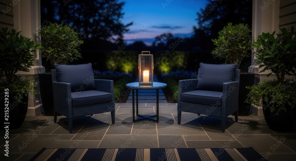 Fototapeta premium Elegant Outdoor Patio Seating Arrangement With Lantern At Dusk