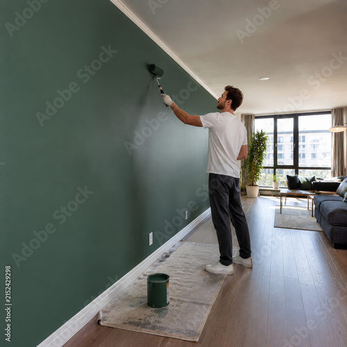 Un hombre pinta una pared en una sala de estar moderna en un día soleado mientras prepara el espacio