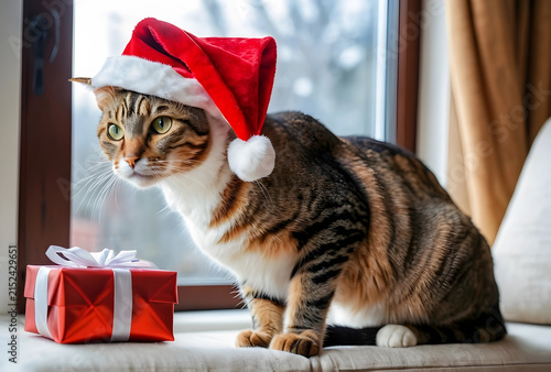 Tabby cat wearing a red san...