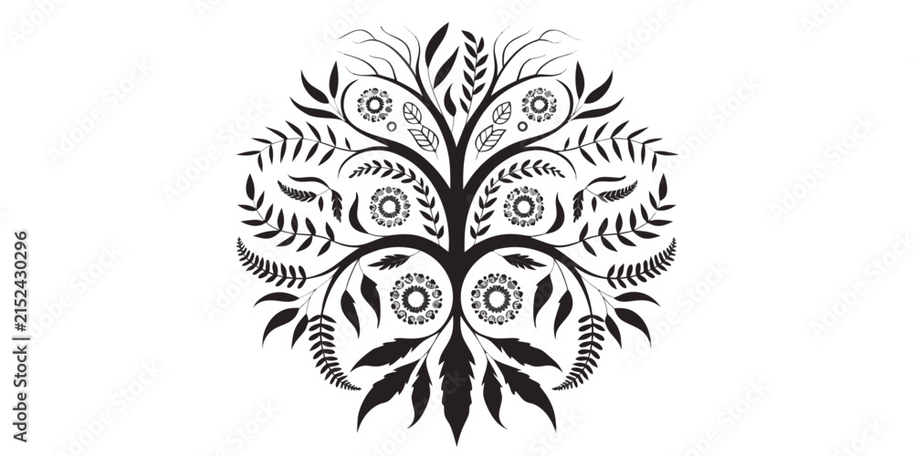 Fototapeta premium Intricate black and white botanical tree with symmetrical branches and leaves botanical black and white