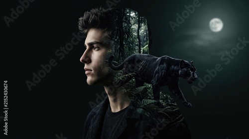 Man profile features a double exposure with a black panther and forest under a full moon.
