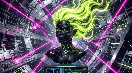 Cyborg bust with glowing green hair stands in a futuristic corridor.