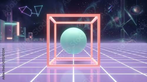 Sphere floats inside a glowing neon cube against a futuristic grid backdrop.