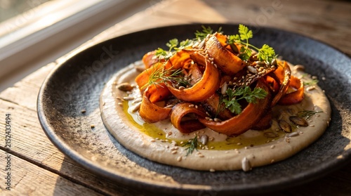 Roasted carrot ribbons curled over creamy tahini and toasted seeds, turning simple vegetables into an elegant contemporary plant-based dish.