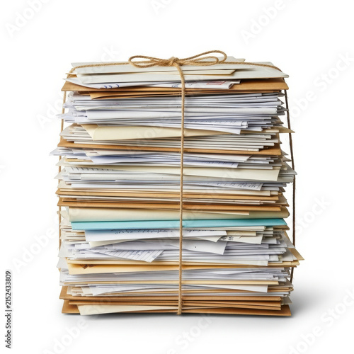 Stack of old paper documents tied together with string
