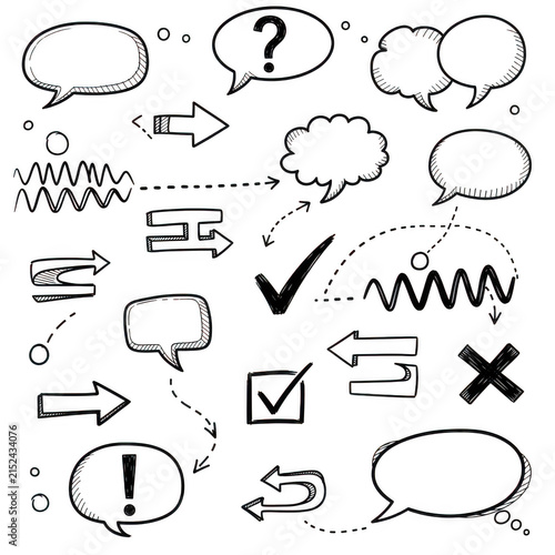 Hand drawn speech bubbles and arrow doodle set