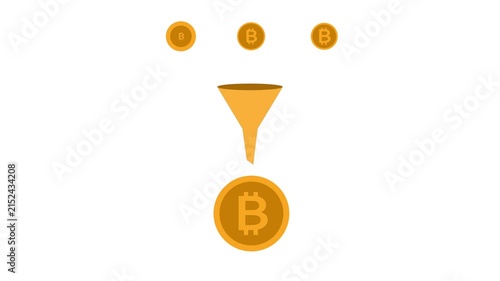 Bit coin funnel conversion animation. concurrency coins dropping into a funnel and emerging as a single large bit coin coin financial processing growth animation.