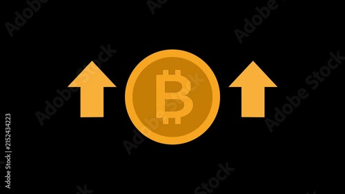 Bit coin Coin with Up Arrows for Price Growth Concept. gold bit coin coin flanked by rising orange arrows