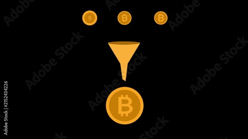 Bit coin funnel conversion animation. concurrency coins dropping into a funnel and emerging as a single large bit coin coin financial processing growth animation.