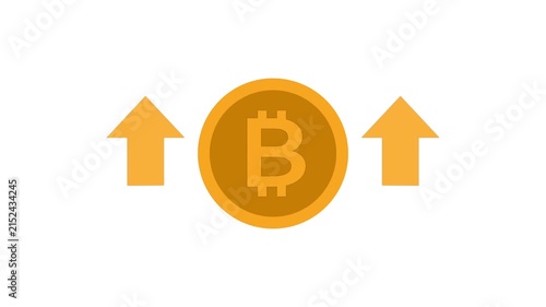 Bit coin Coin with Up Arrows for Price Growth Concept. gold bit coin coin flanked by rising orange arrows