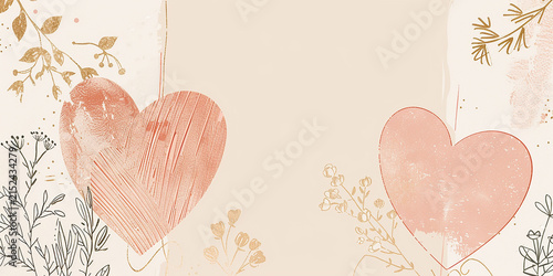 Elegant boho Valentine greeting card template with abstract hearts isolated on transparent background
