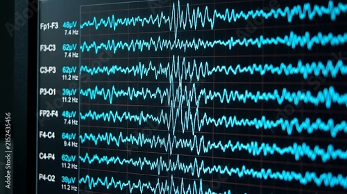 EEG Brain Wave Monitor Display Showing Real Time Neural Activity Data in Medical Laboratory