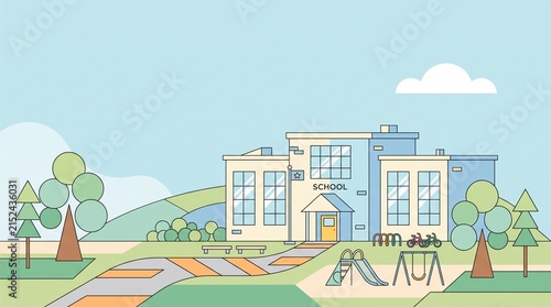 Modern school building illustration with playground and trees under a clear sky representing elementary education and back to school concept in a flat vector art style