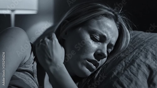 Distressed Woman Sweating in Bed Experiencing Nightmares Or Anxiety 4K Slow Motion