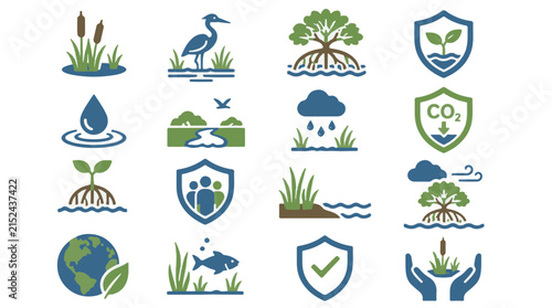 Ecology Icons Collection Featuring Mangroves Wetlands Carbon Reduction and Sustainability