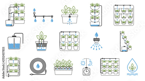 Vertical Garden Irrigation System Vector Icons Set for Hydroponic Gardening