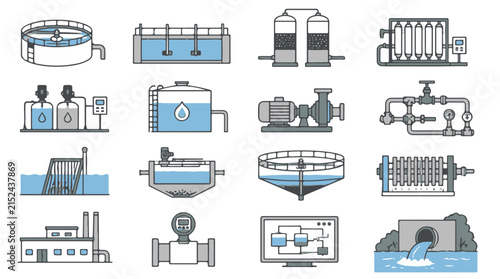 Wastewater Treatment Facility Icons Showing Water Filtration and Industrial Purification