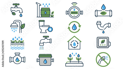 Water Conservation Icon Set for Eco Friendly Plumbing and Sustainable Water Management