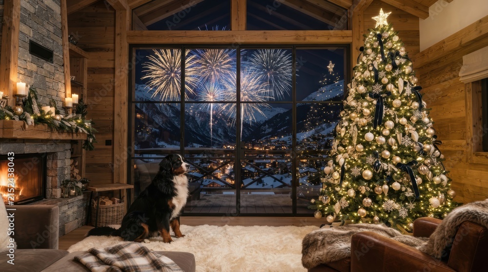 Fototapeta premium Cozy mountain chalet with dog, Christmas tree, and fireworks display