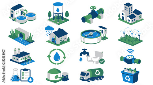 Water Treatment Infrastructure and Management Isometric Vector Icon Set for Urban Utilities