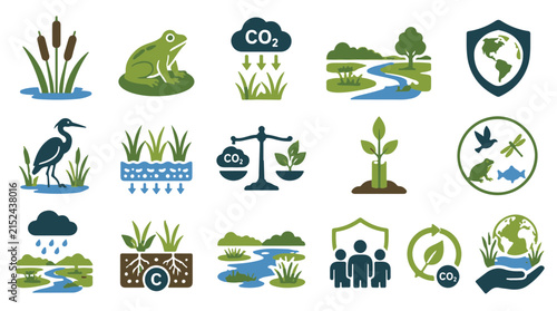 Wetland Conservation Icons Set Featuring Ecological Sustainability and Nature Protection