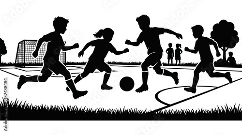 Silhouetted children playing soccer on a field black and white vector
