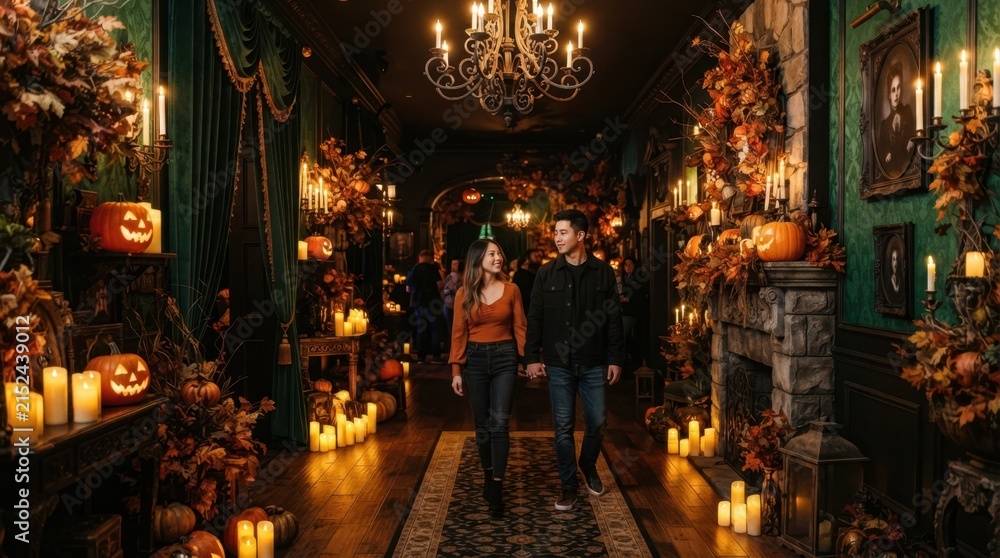 Naklejka premium Couple walks through a dimly lit hallway decorated for Halloween