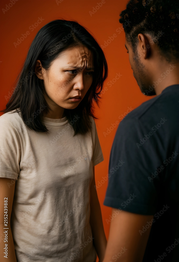 Fototapeta premium Angry asian woman with furrowed brow looking at a man, conflict and relationship problems concept, Communication issues