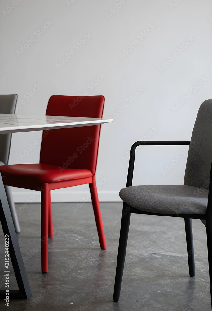 Fototapeta premium Modern red leather dining chair and gray fabric armchair with a white marble table in a minimalist interior, the room features a clean white wall and a concrete floor