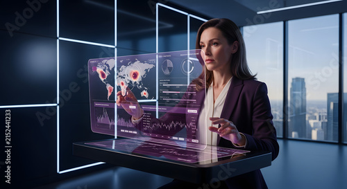 Businesswoman analyzing holographic data display in office