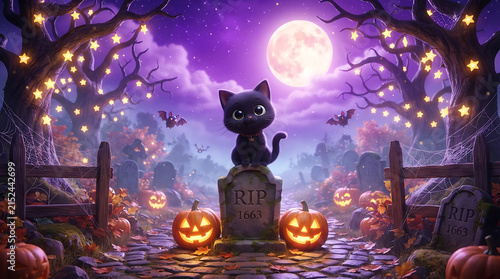 Cute black cat on tombstone in spooky Halloween graveyard with pumpkins and bats