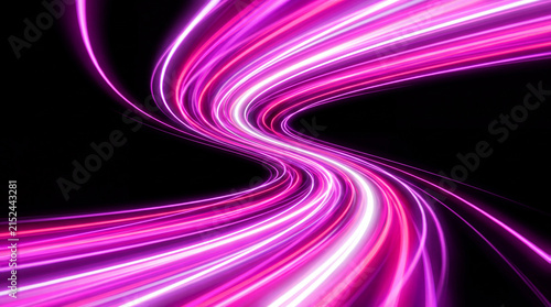 Abstract motion blur of pink and white light trails on a dark background