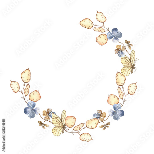Watercolor Floral Wreath with Butterflies