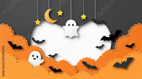 Cute Halloween ghost and bat decorations on a festive orange and gray background.