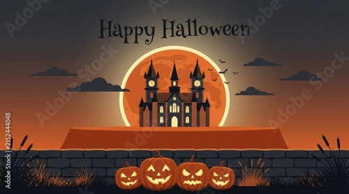 Haunted clock tower castle with pumpkins under orange moon