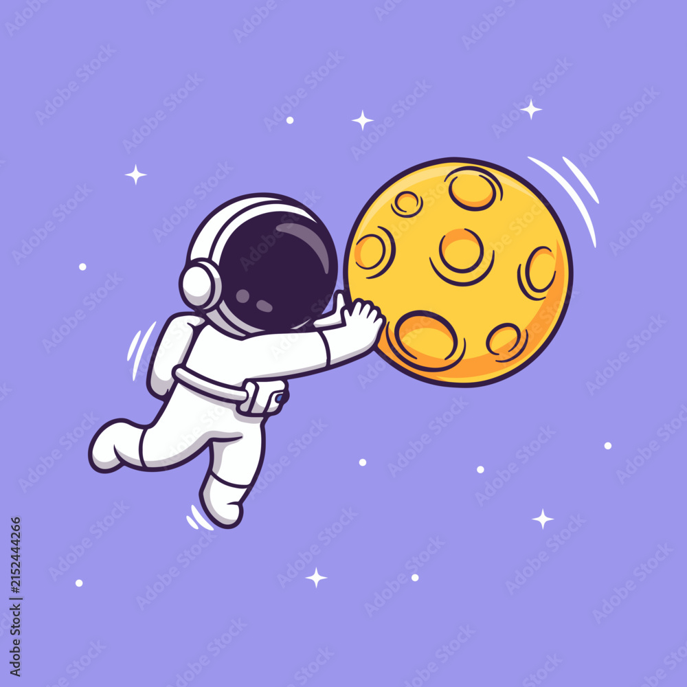 Naklejka premium astronaut,moon,space,cartoon,illustration,cute,floating,purple background,yellow moon,craters,stars,galaxy,cosmos,exploration,adventure,imagination,whimsical,child,